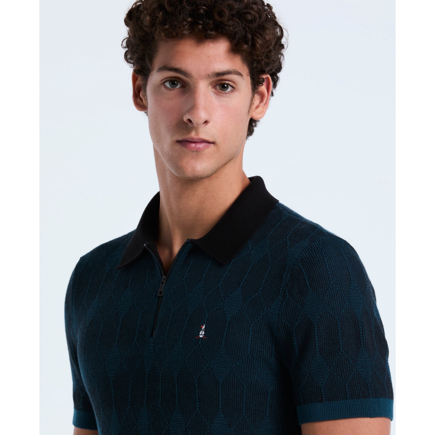 Original Penguin Icons Jacquard Quarter Zip Sweater Polo In Reflecting Pond(Icons Jacquard Quarter Zip Sweater Polo Blue Opgf2513gp 470)