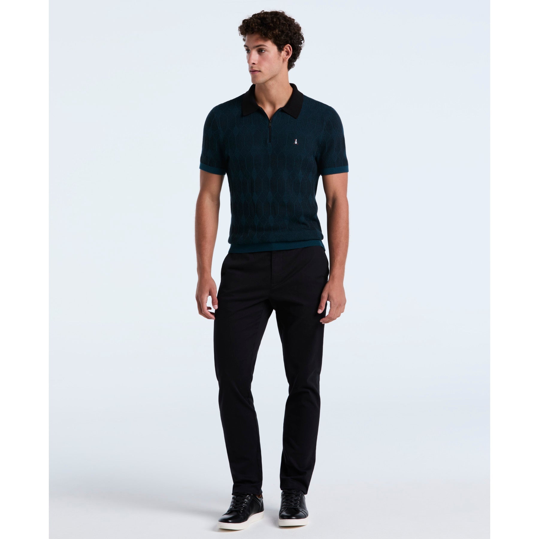 Original Penguin Icons Jacquard Quarter Zip Sweater Polo In Reflecting Pond(Icons Jacquard Quarter Zip Sweater Polo Blue Opgf2513gp 470)