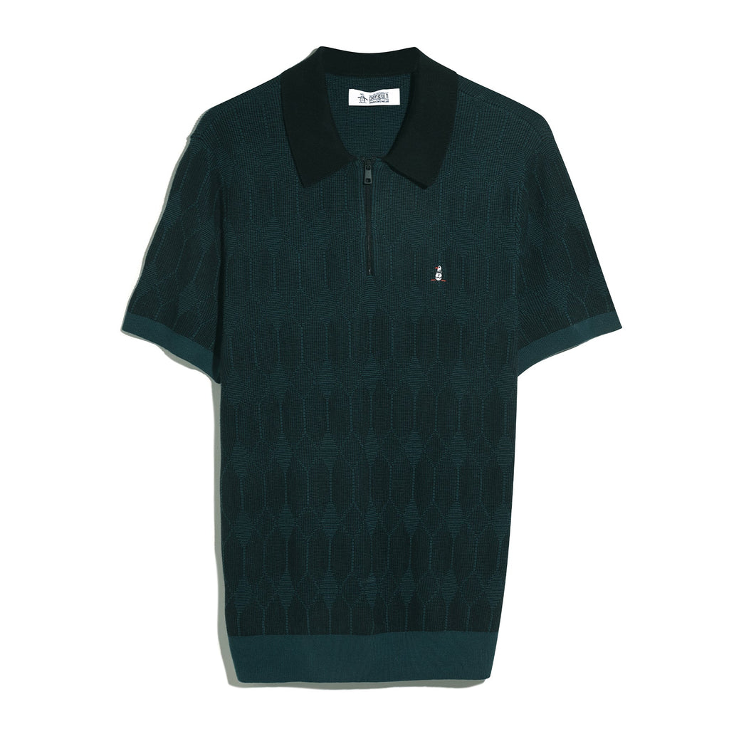 Original Penguin Icons Jacquard Quarter Zip Sweater Polo In Reflecting Pond(Icons Jacquard Quarter Zip Sweater Polo Blue Opgf2513gp 470)