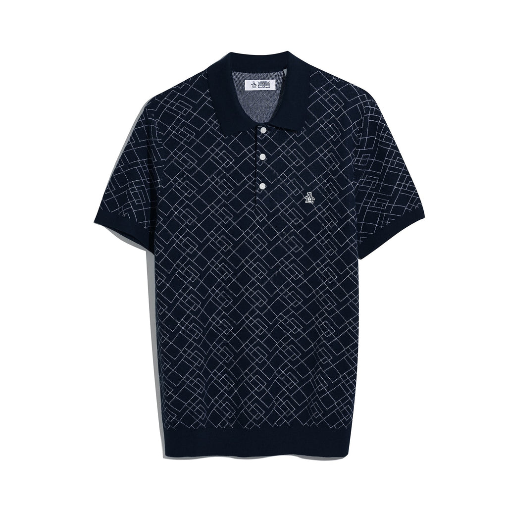 Original Penguin Jaquard Geometric Sweater Polo Shirt In Dark Sapphire(Jaquard Geometric Sweater Polo Shirt Blue Opgm2500gp 413)