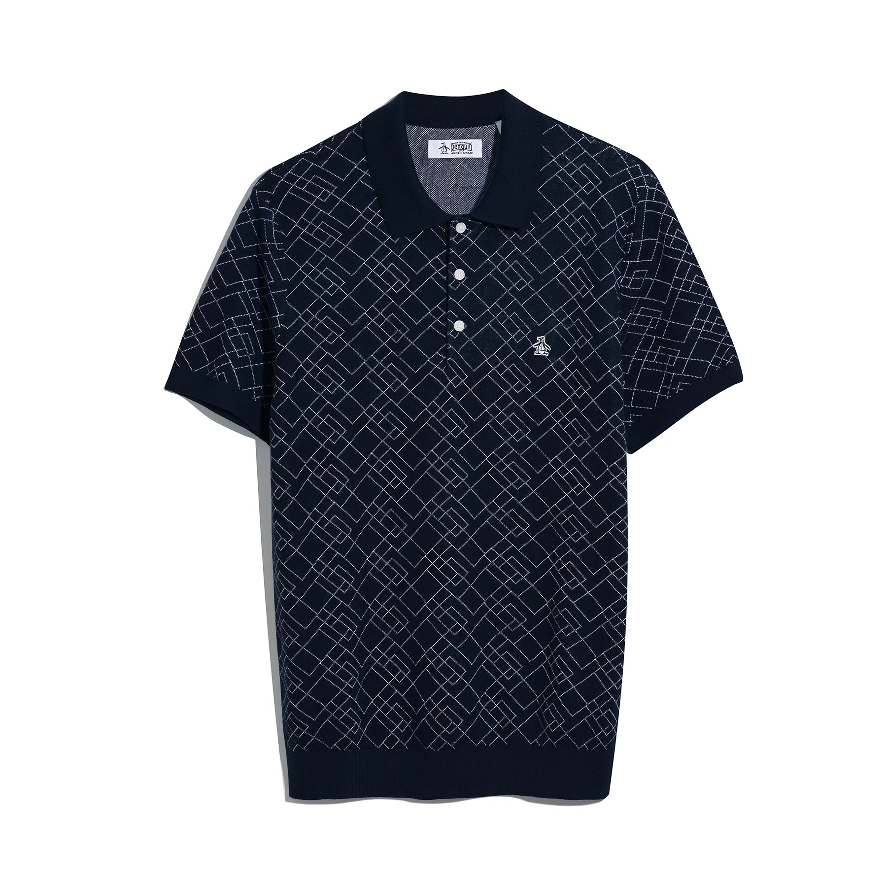 Original Penguin Jaquard Geometric Sweater Polo Shirt In Dark Sapphire(Jaquard Geometric Sweater Polo Shirt Blue Opgm2500gp 413)