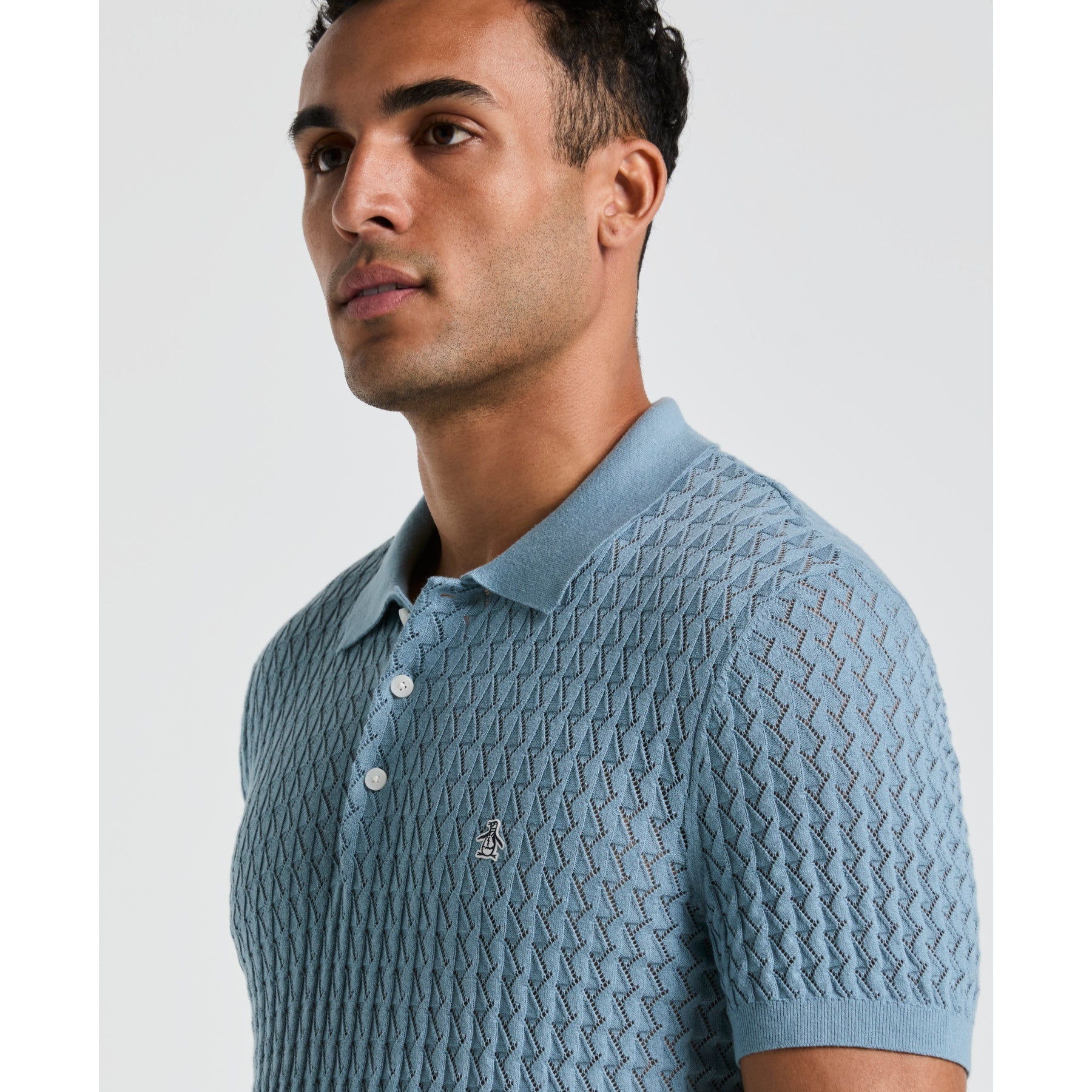 Original Penguin Drop Needle Textured Sweater Polo In Citadel(Drop Needle Textured Sweater Polo Blue Opgm2502gp 499)