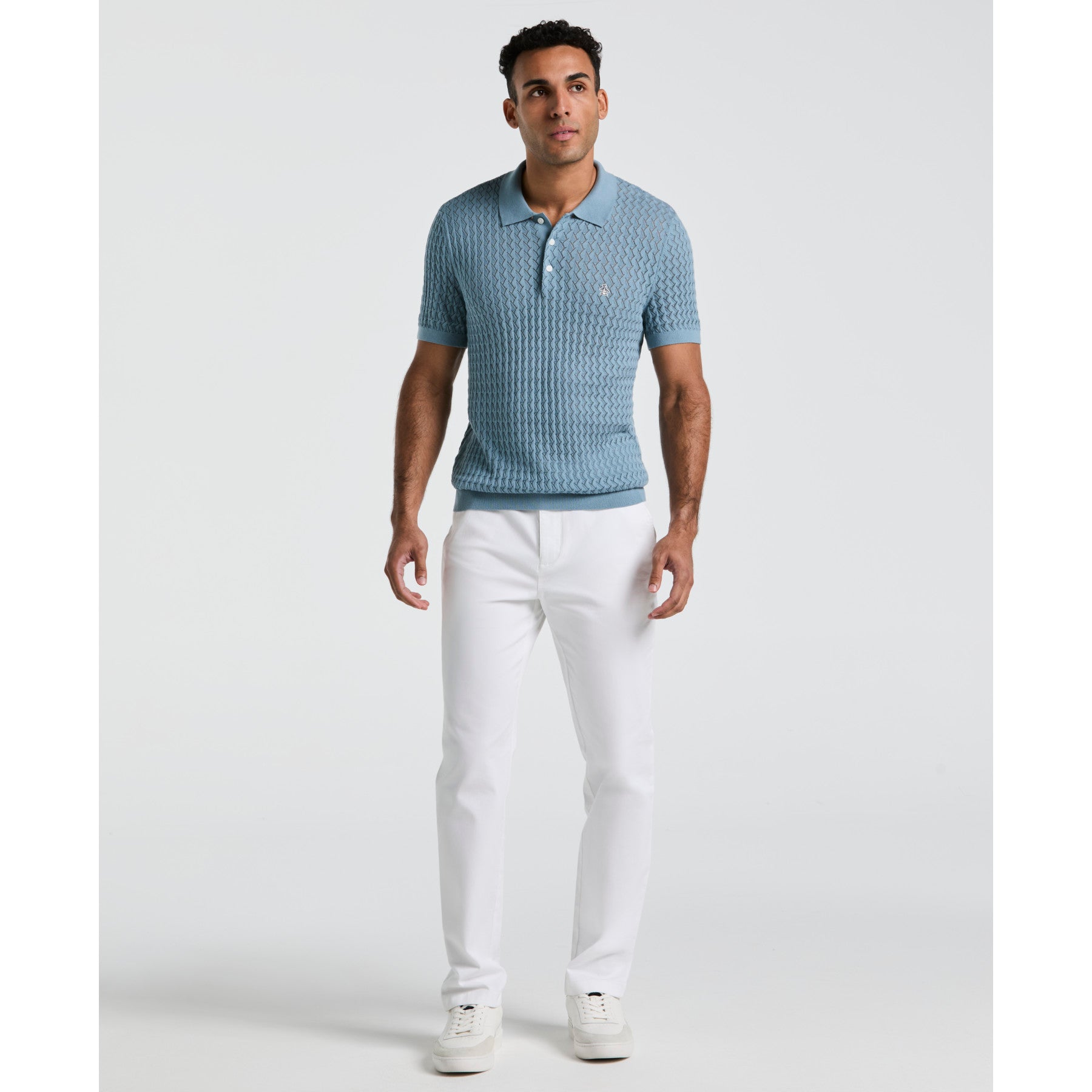 Original Penguin Drop Needle Textured Sweater Polo In Citadel(Drop Needle Textured Sweater Polo Blue Opgm2502gp 499)
