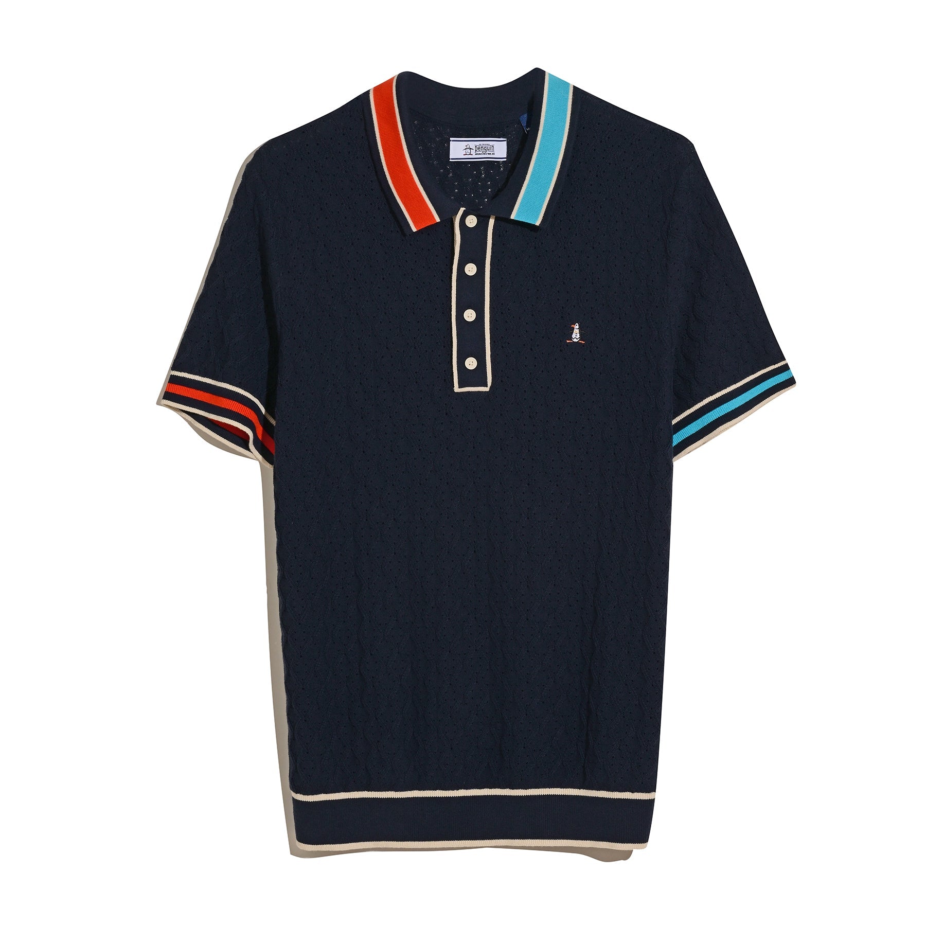 Original Penguin Pointelle Blocked Ribbed Sweater Polo Shirt In Dark Sapphire(Pointelle Blocked Ribbed Sweater Polo Shirt Blue Opgm2506gp 413)
