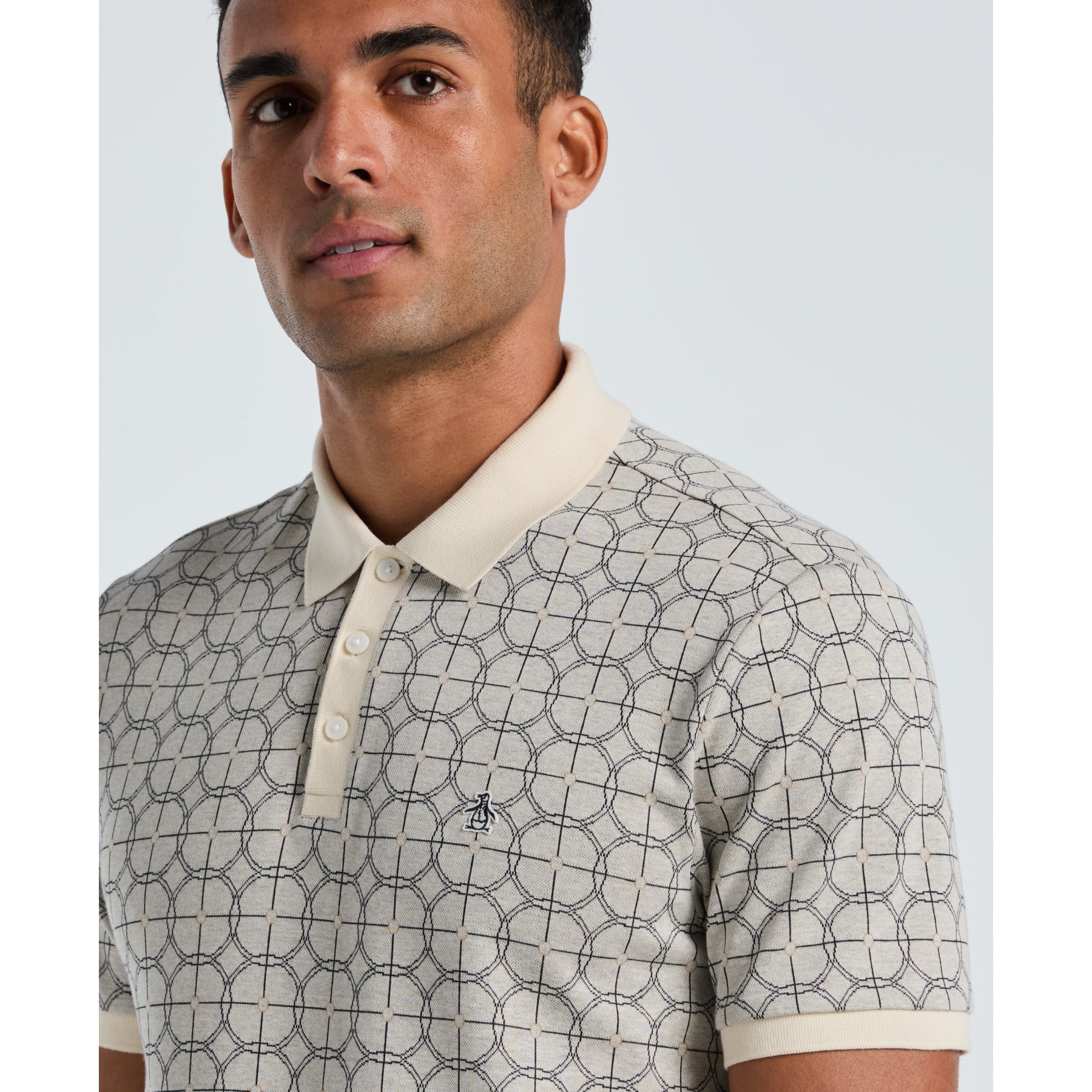 Original Penguin Geometric Jacquard Polo Shirt In Birch(Geometric Jacquard Polo Shirt Beige Opkf2507gp 252)