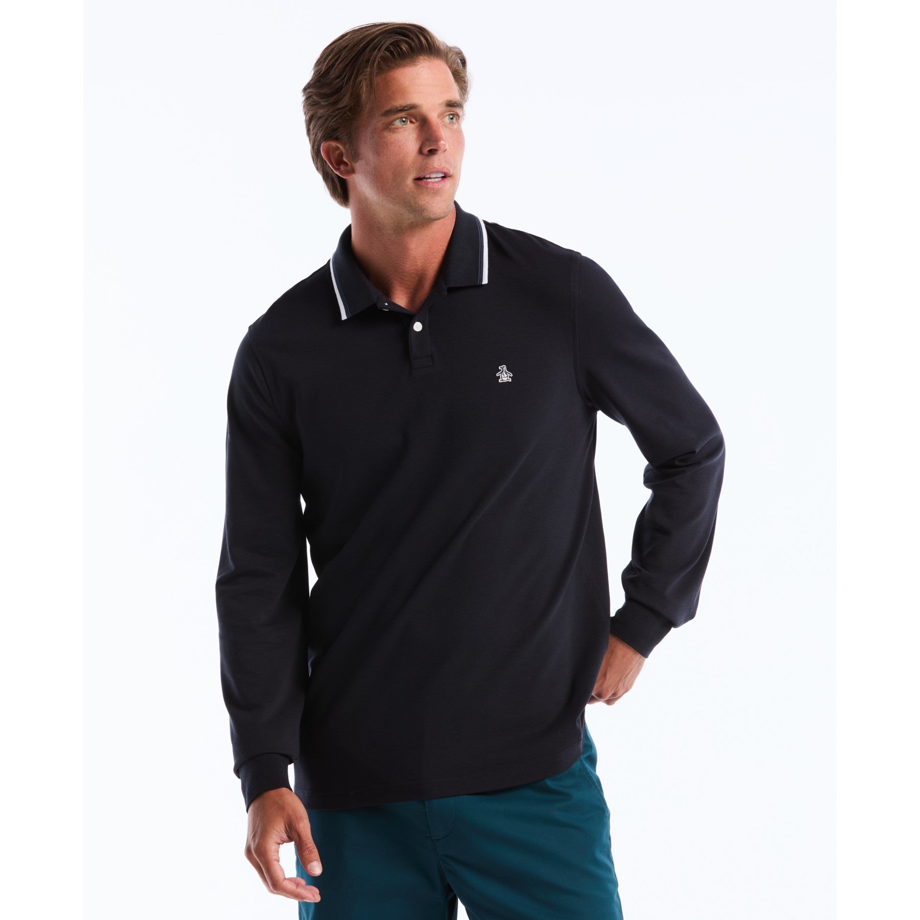 Original Penguin Sticker Pete Tipped Long Sleeve Polo Shirt In Dark Sapphire(Sticker Pete Tipped Long Sleeve Polo Shirt Blue Opkf2522gp 413)