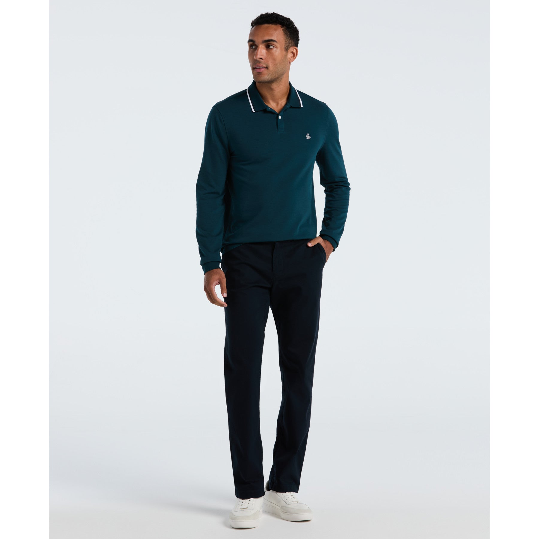Original Penguin Sticker Pete Tipped Long Sleeve Polo Shirt In Reflecting Pond(Sticker Pete Tipped Long Sleeve Polo Shirt Blue Opkf2522gp 470)