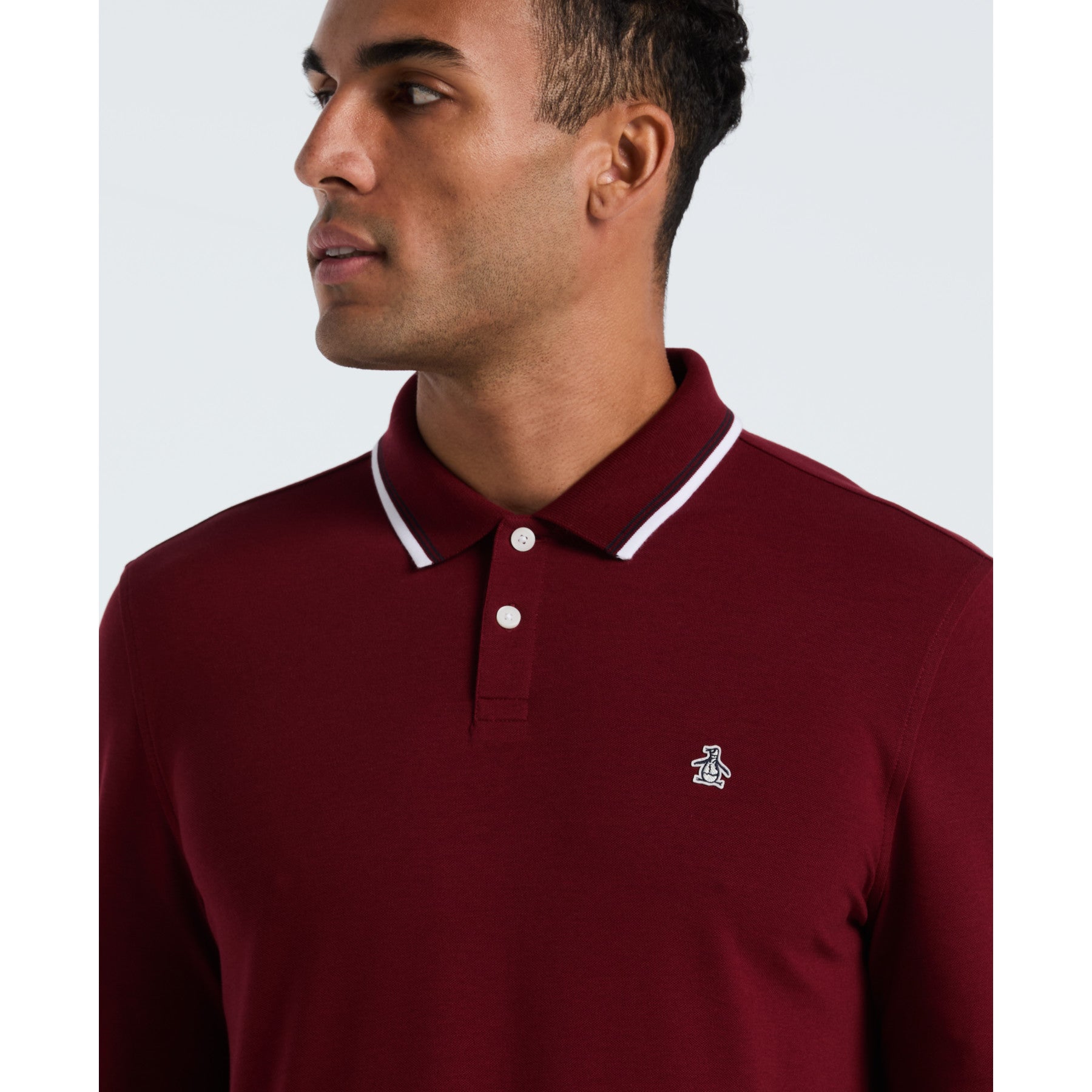 Original Penguin Sticker Pete Tipped Long Sleeve Polo Shirt In Cabernet(Sticker Pete Tipped Long Sleeve Polo Shirt Red Opkf2522gp 605)