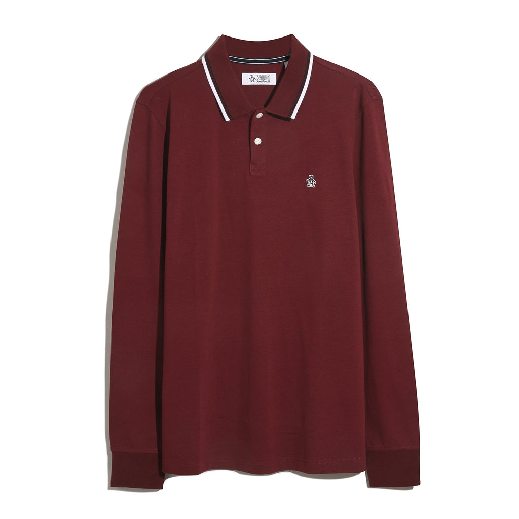Original Penguin Sticker Pete Tipped Long Sleeve Polo Shirt In Cabernet(Sticker Pete Tipped Long Sleeve Polo Shirt Red Opkf2522gp 605)