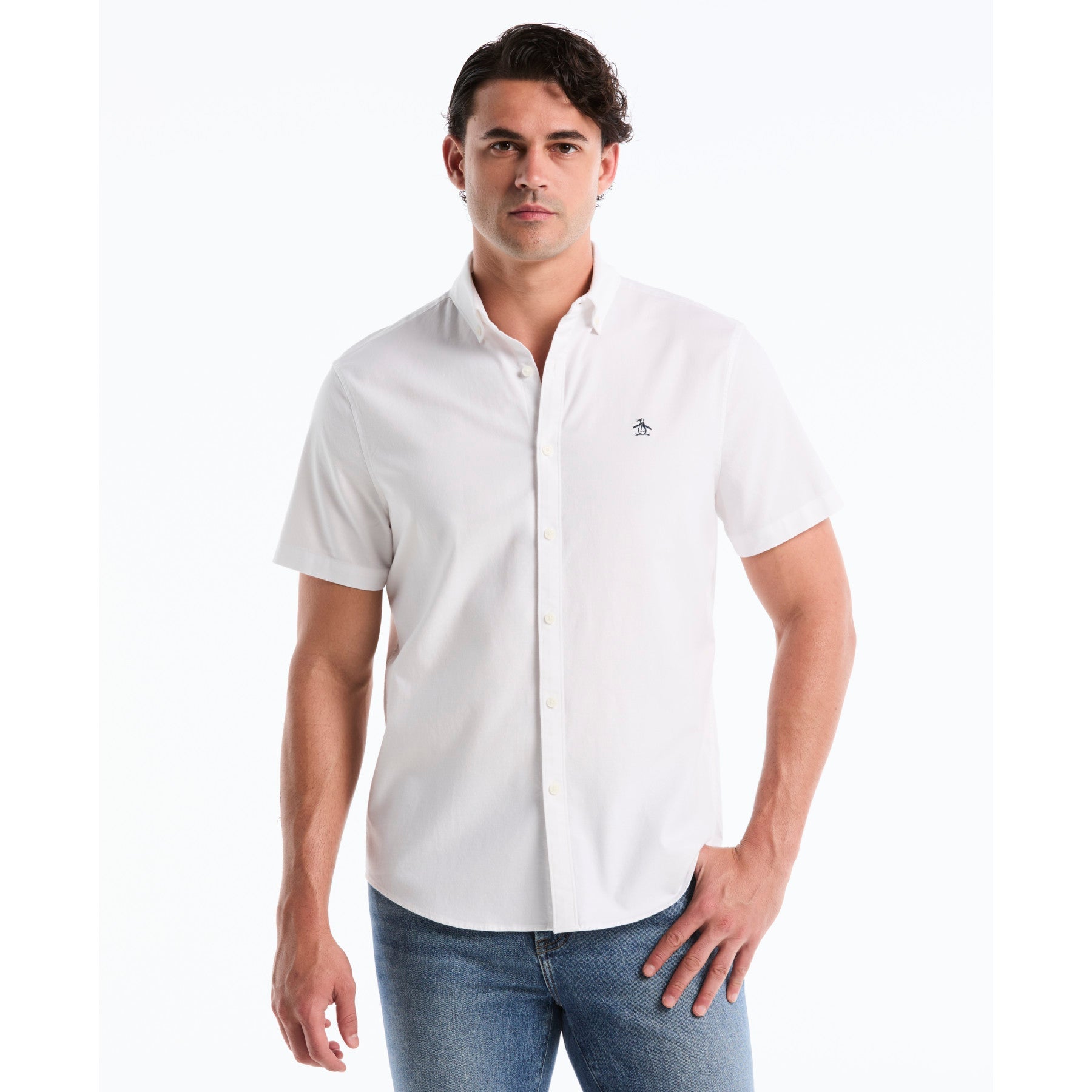 Original Penguin Oxford Stretch Short Sleeve Shirt In Bright White(Ecovero Oxford Stretch Shirt White Opwb0037gp 118)