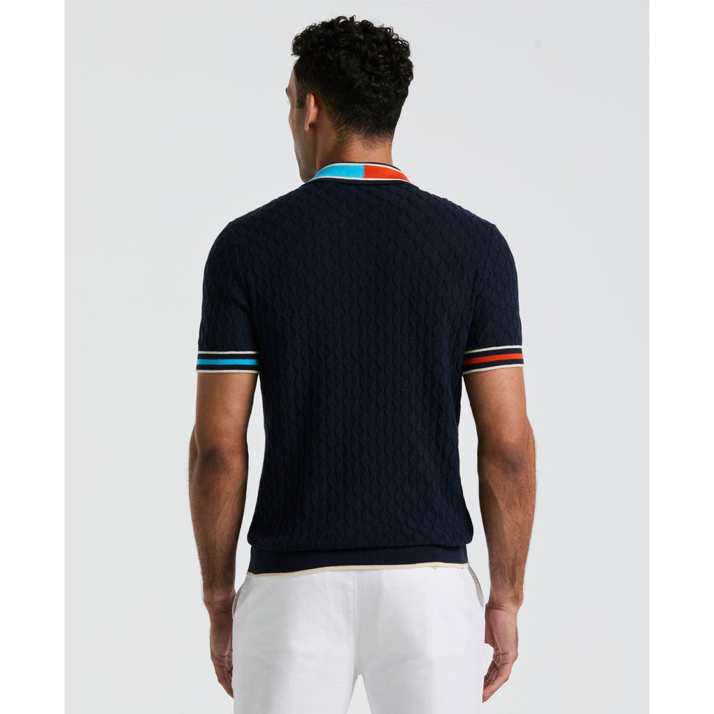Original Penguin Pointelle Blocked Ribbed Sweater Polo Shirt In Dark Sapphire(Pointelle Blocked Ribbed Sweater Polo Shirt Blue Opgm2506gp 413)
