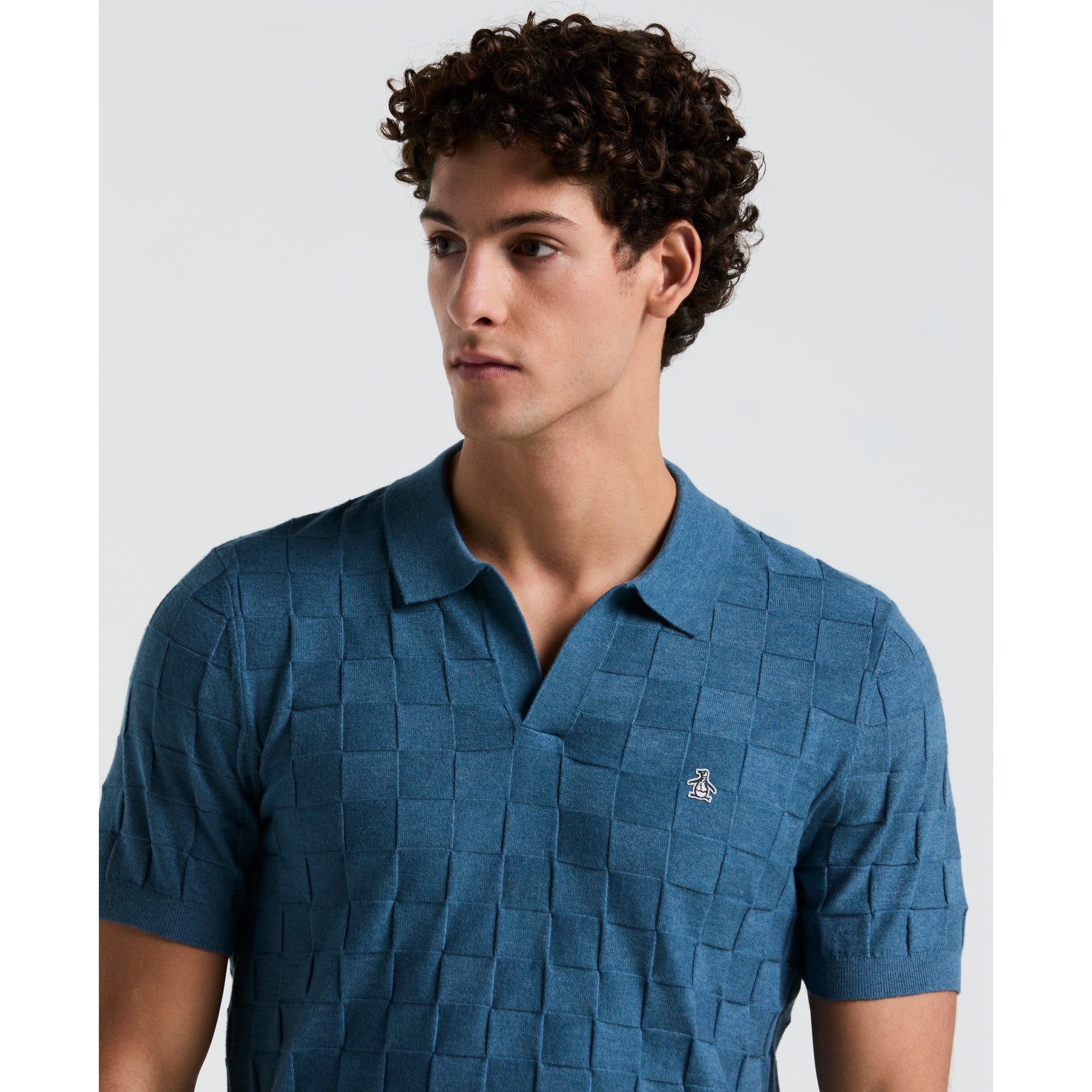 Original Penguin Jacquard Johnny Collar Sweater Polo Shirt In Copen Blue(Jacquard Johnny Collar Short Sleeve Polo Sweater Blue Opgs2403gp 443)