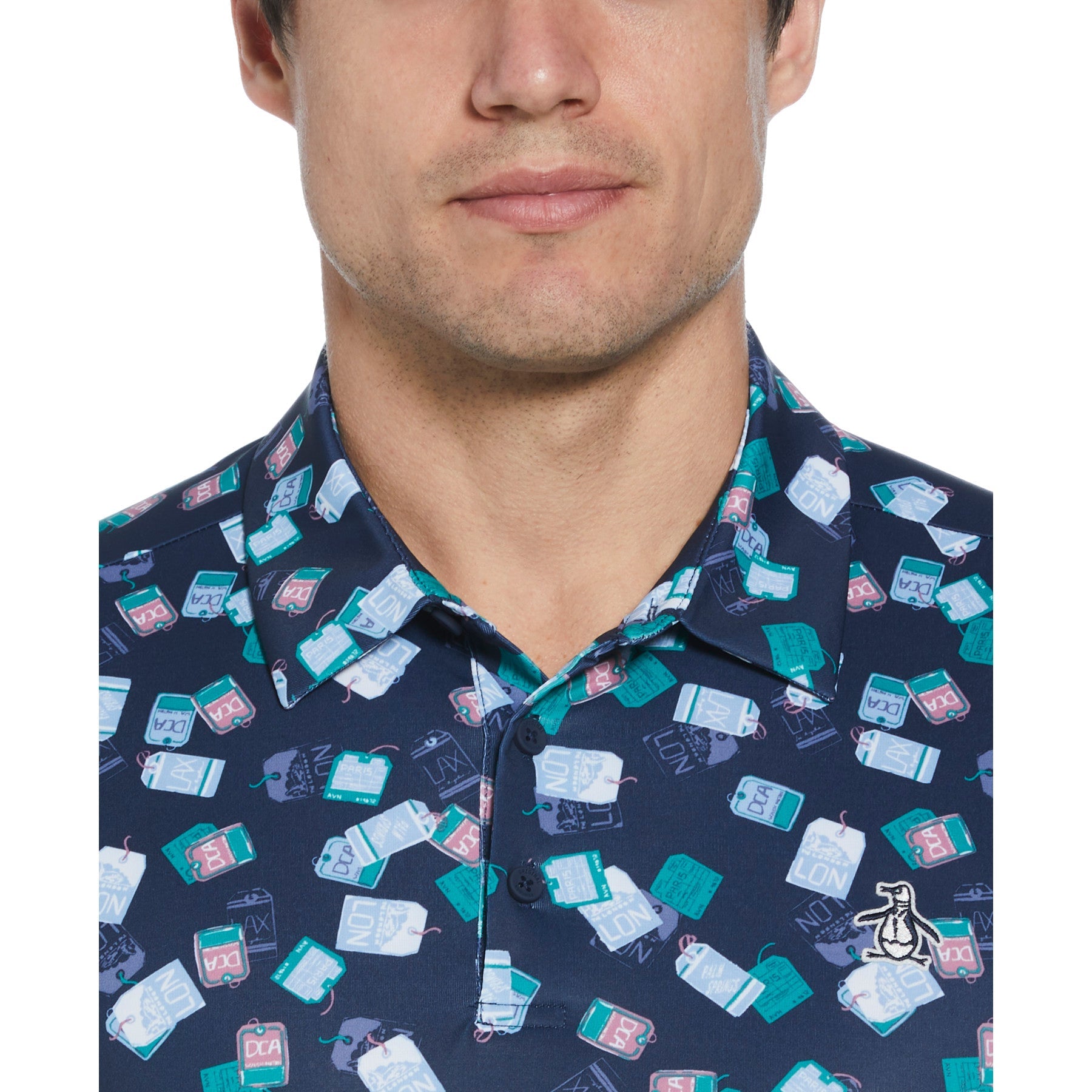 Original Penguin All Over Pete's Travel Tags Print Golf Polo Shirt In Black Iris(All Over Petes Travel Tags Print Golf Polo Shirt Blue Ogksf014gg 417)