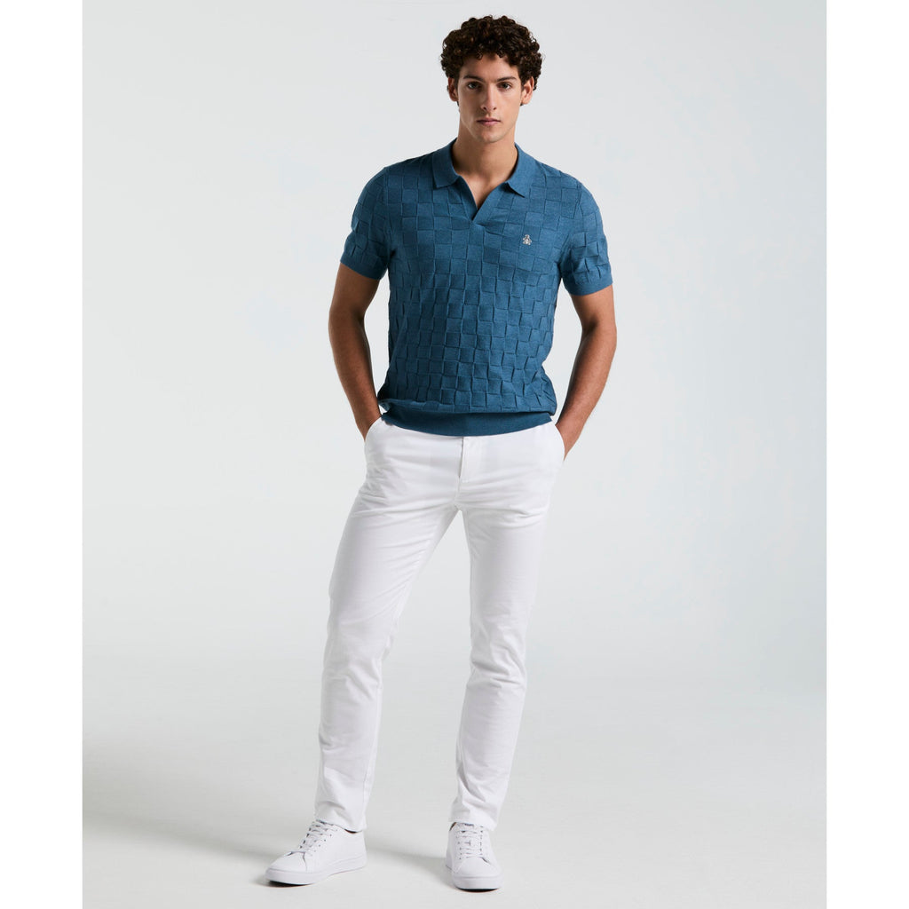 Original Penguin Jacquard Johnny Collar Sweater Polo Shirt In Copen Blue(Jacquard Johnny Collar Short Sleeve Polo Sweater Blue Opgs2403gp 443)