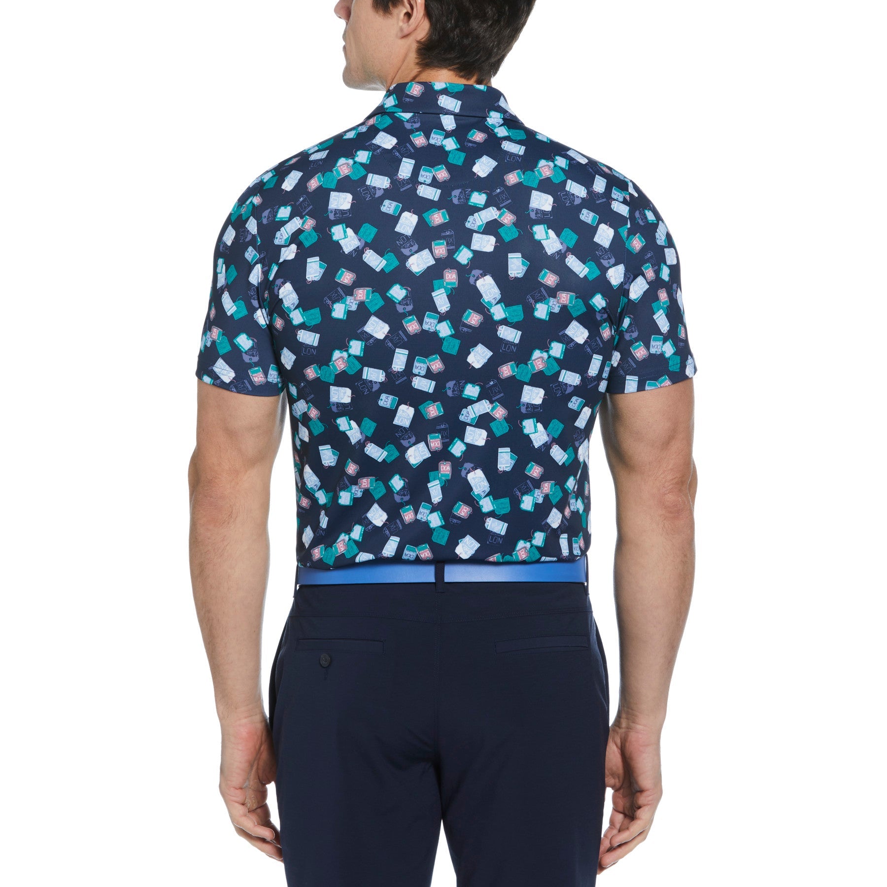 Original Penguin All Over Pete's Travel Tags Print Golf Polo Shirt In Black Iris(All Over Petes Travel Tags Print Golf Polo Shirt Blue Ogksf014gg 417)