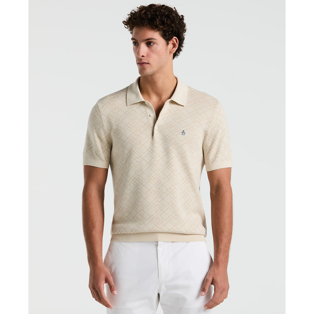 Original Penguin Jaquard Geometric Sweater Polo Shirt In Birch(Jaquard Geometric Sweater Polo Shirt Beige Opgm2500gp 252)