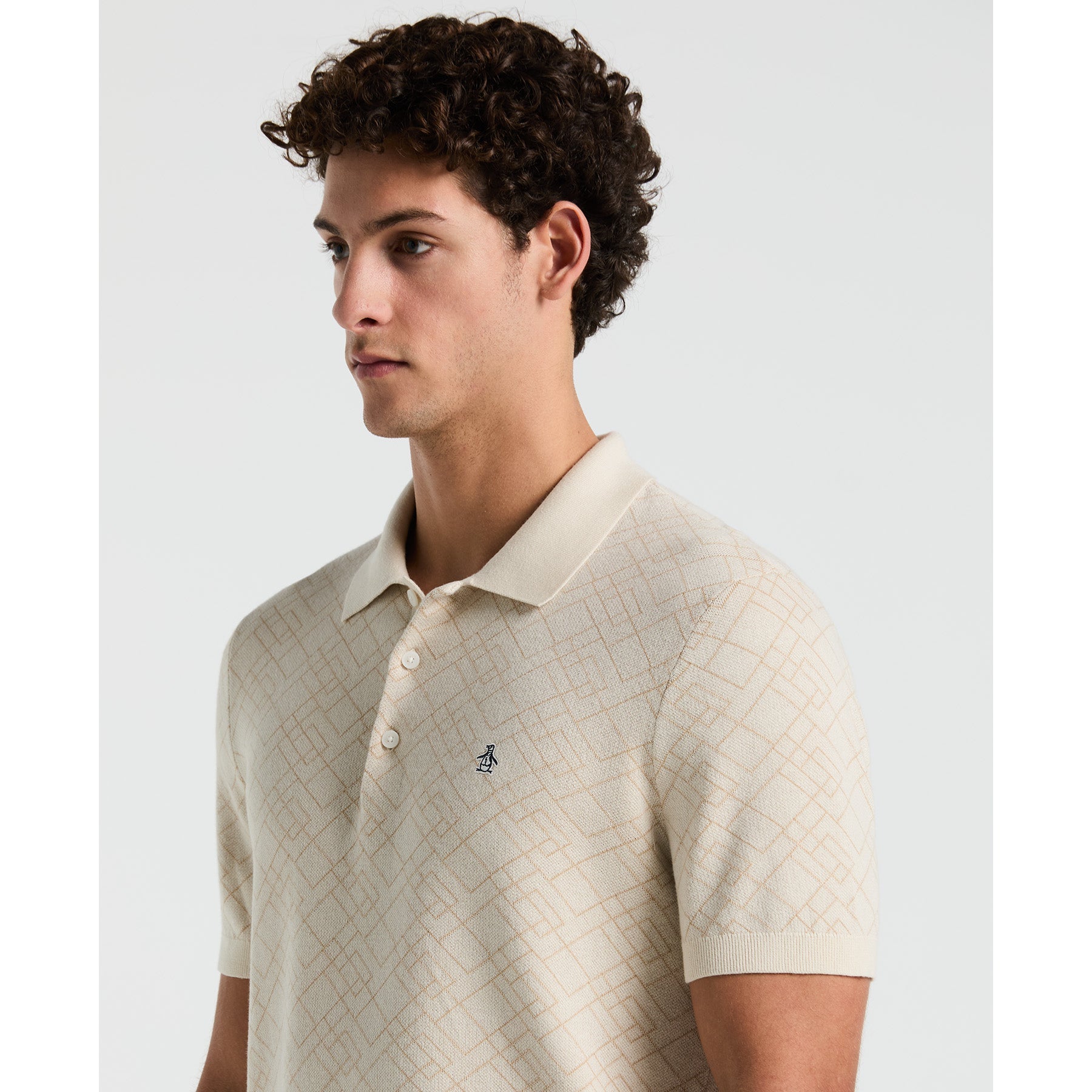 Original Penguin Jaquard Geometric Sweater Polo Shirt In Birch(Jaquard Geometric Sweater Polo Shirt Beige Opgm2500gp 252)