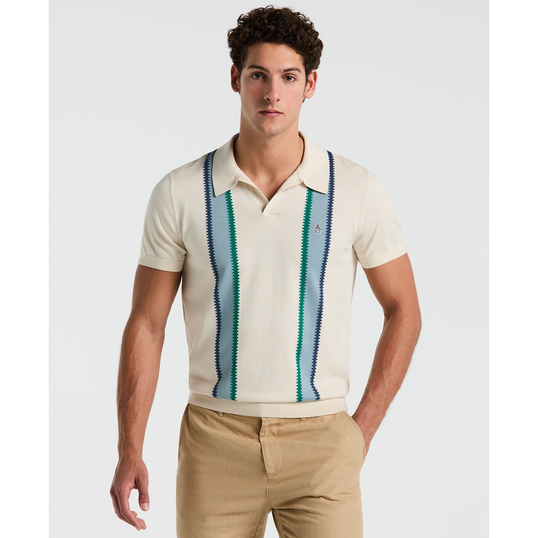 Original Penguin Vertical Stripe Sweater Polo Shirt In Birch(Vertical Stripe Sweater Polo Shirt Beige Opgm2505gp 252)