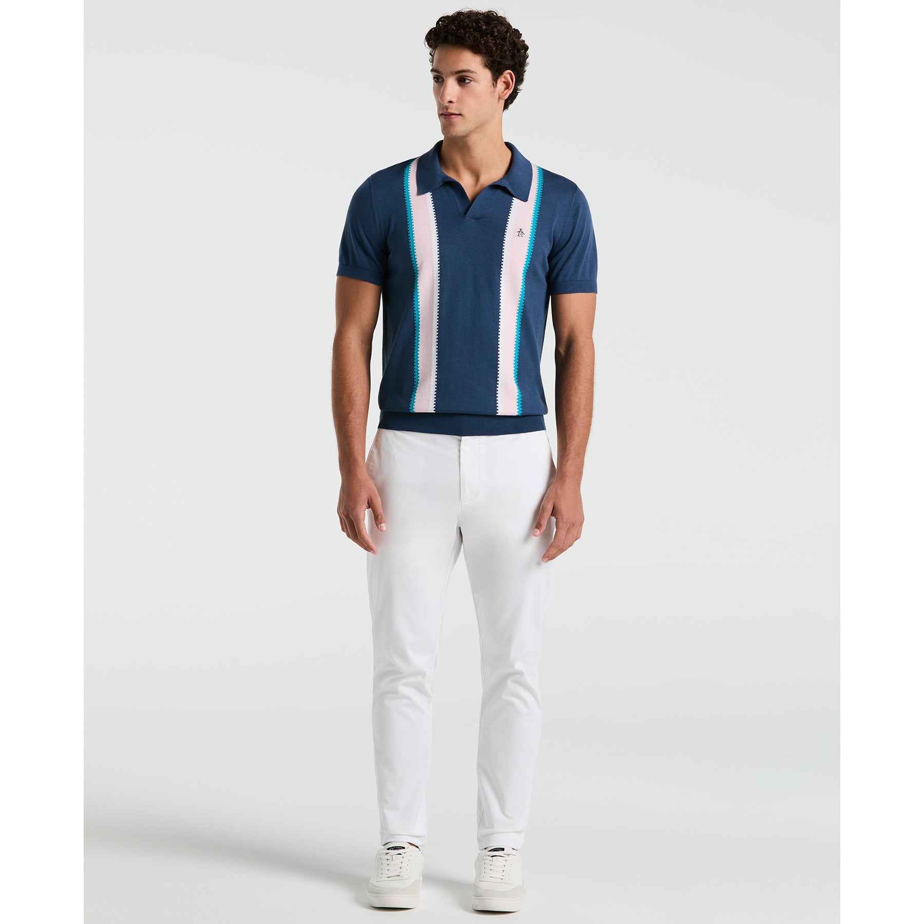 Original Penguin Vertical Stripe Sweater Polo Shirt In Sargasso Sea(Vertical Stripe Sweater Polo Shirt Blue Opgm2505gp 485)