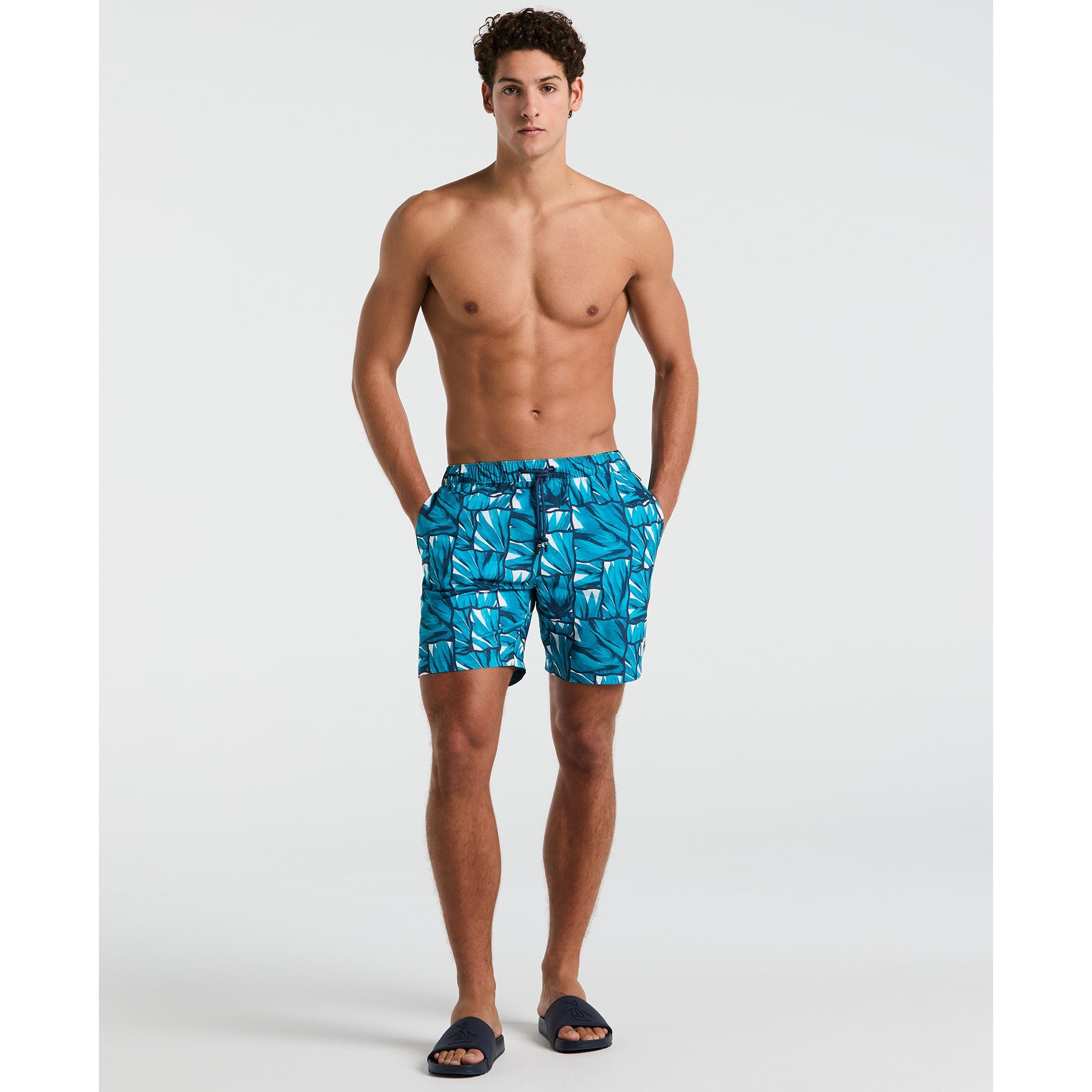 Original Penguin 7" Agave Tile Print Swim Shorts In Exotic Plume(7 Agave Tile Print Swim Shorts Blue Opsm2506gp 495)