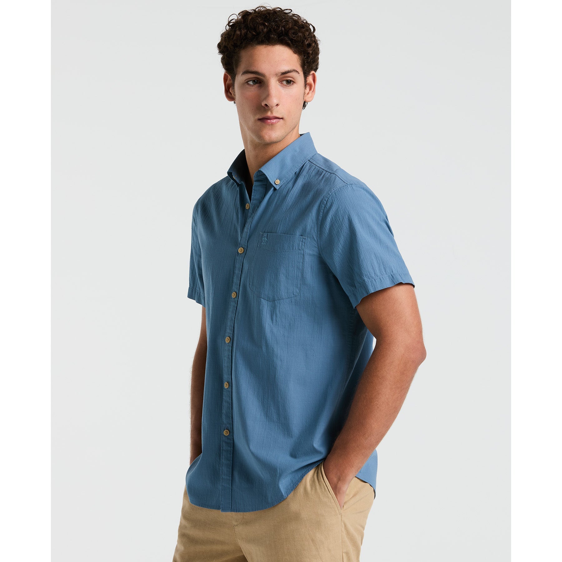 Original Penguin Seersucker Short Sleeve Shirt In Copen Blue(Seersucker Short Sleeve Shirt Blue Opwm2409gp 443)