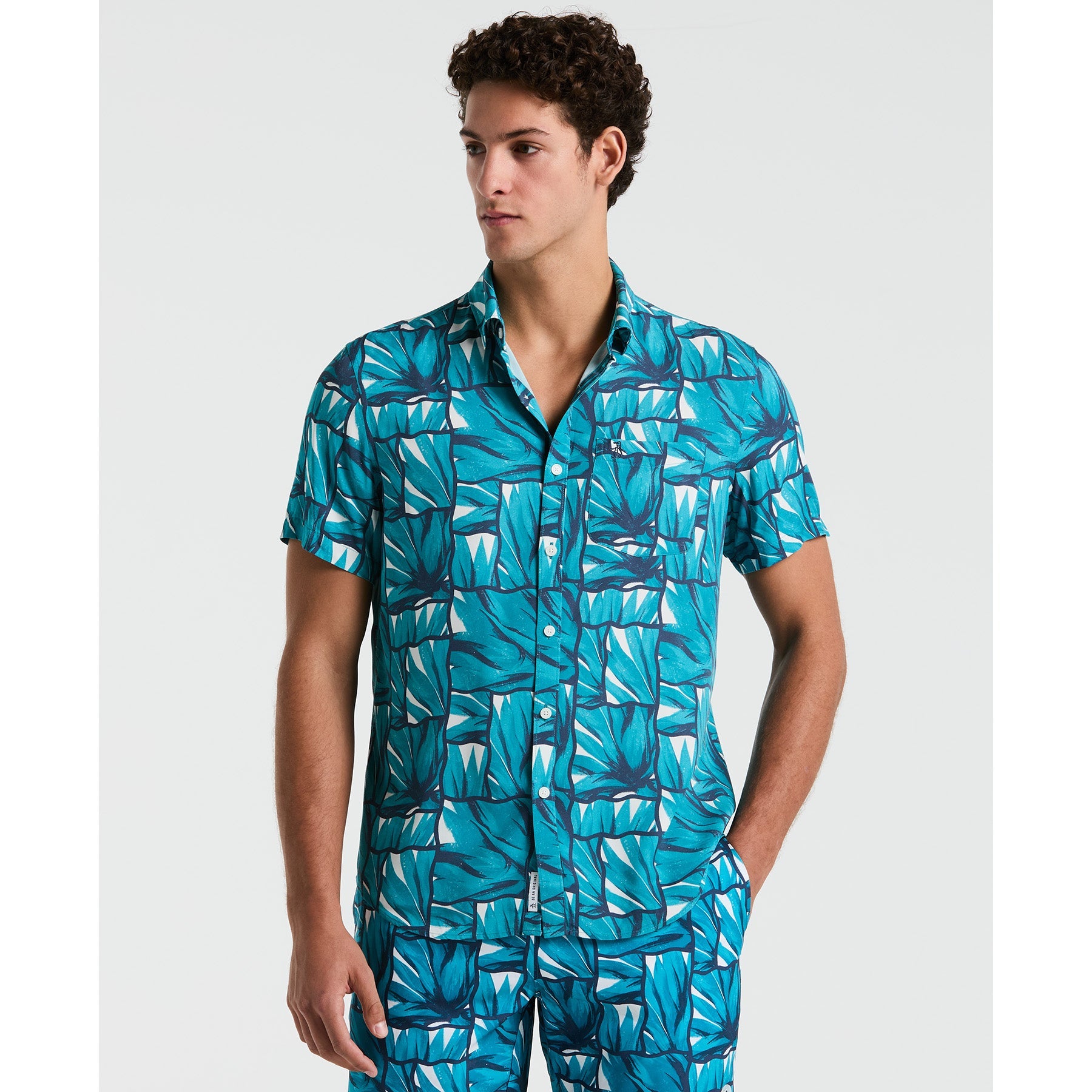 Original Penguin Agave Tile Print Short Sleeve Shirt In Exotic Plume(Agave Tile Print Short Sleeve Shirt Blue Opwm2518gp 495)