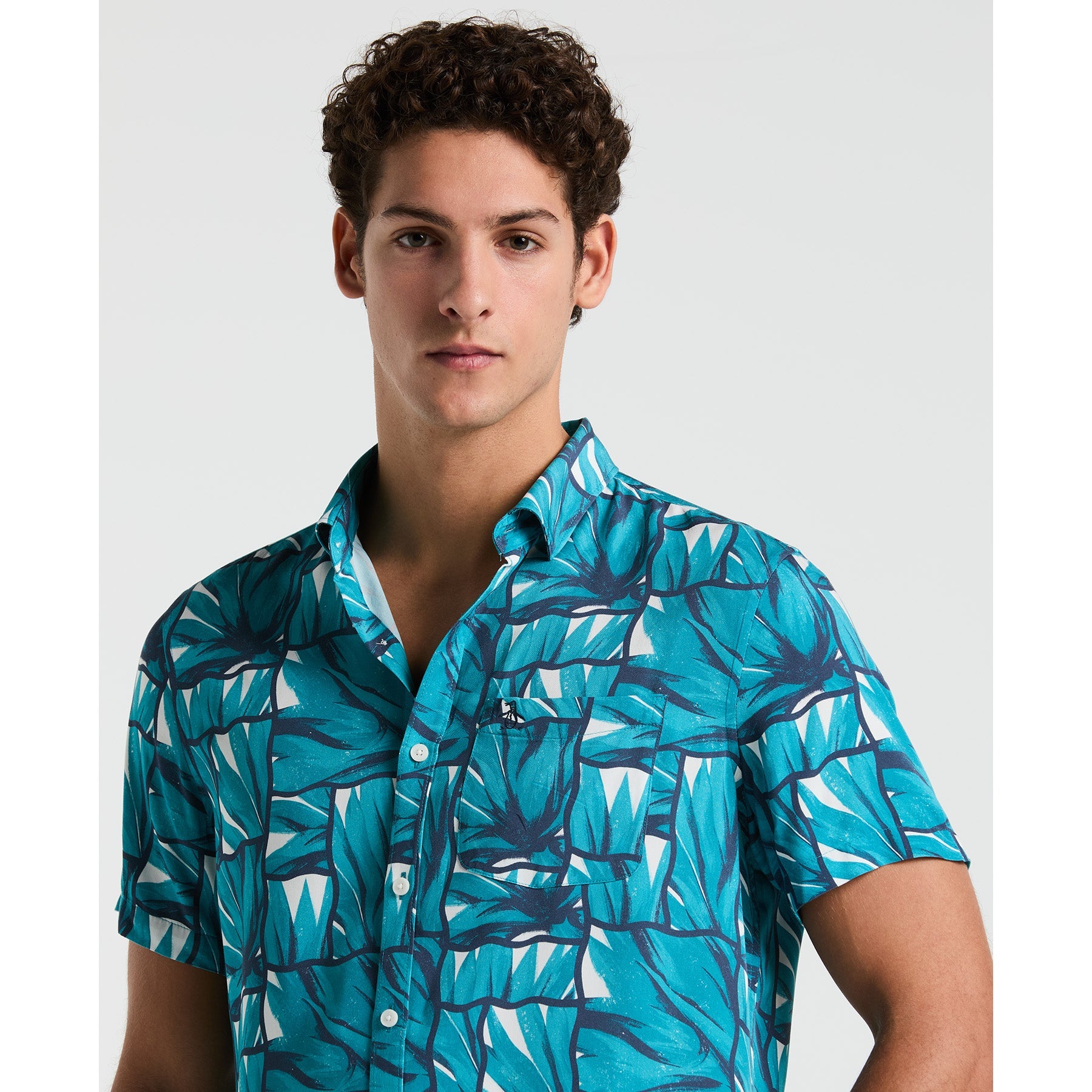 Original Penguin Agave Tile Print Short Sleeve Shirt In Exotic Plume(Agave Tile Print Short Sleeve Shirt Blue Opwm2518gp 495)