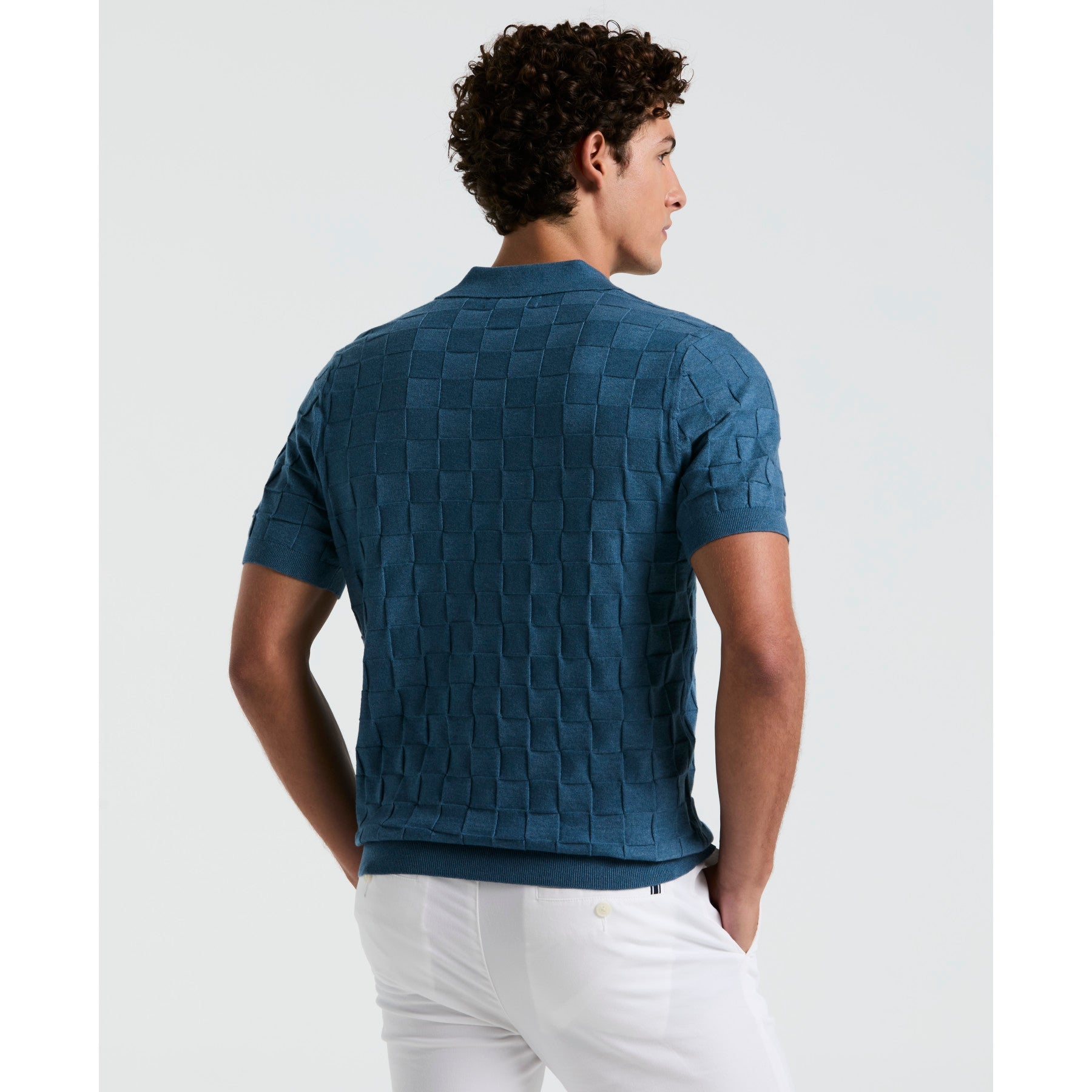 Original Penguin Jacquard Johnny Collar Sweater Polo Shirt In Copen Blue(Jacquard Johnny Collar Short Sleeve Polo Sweater Blue Opgs2403gp 443)