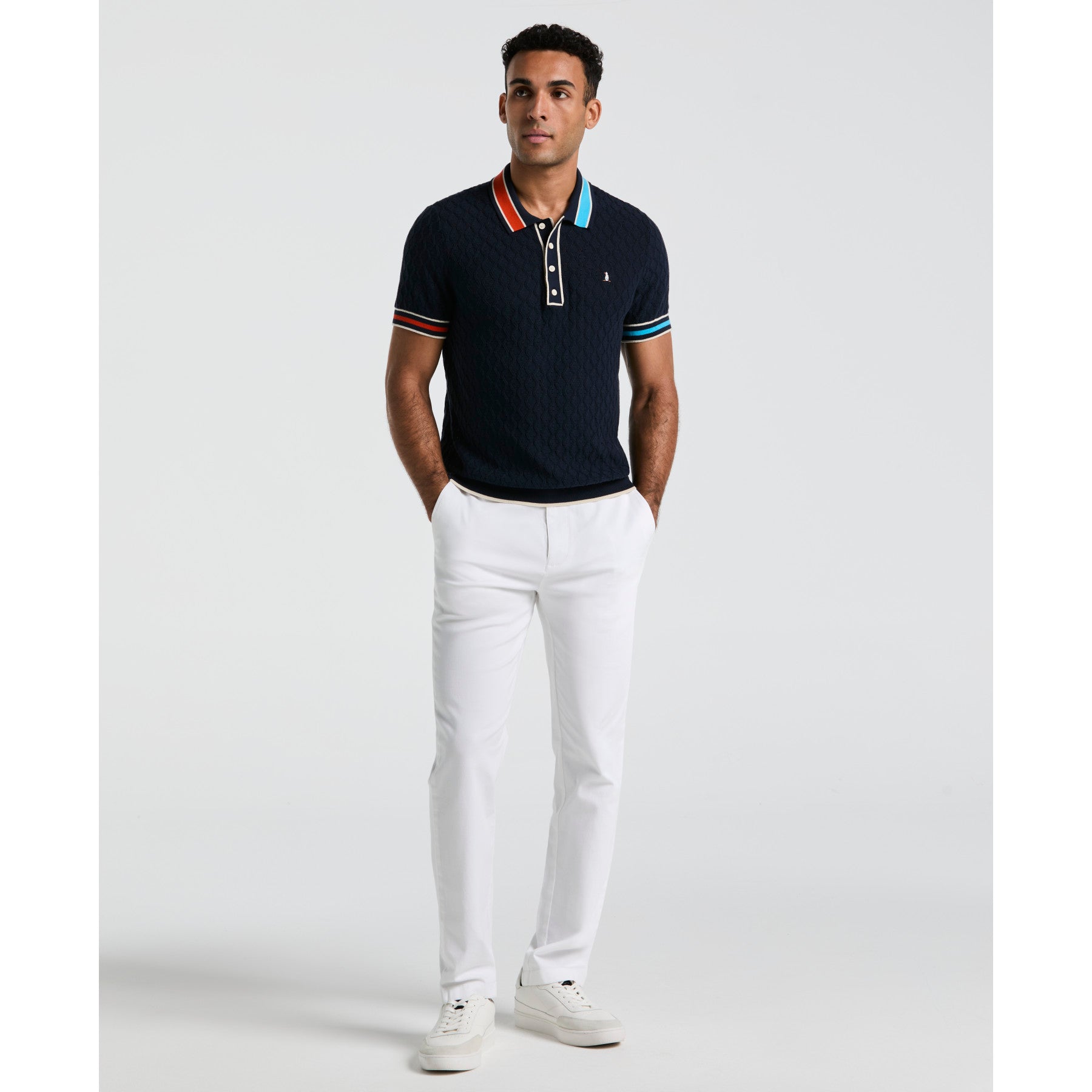 Original Penguin Pointelle Blocked Ribbed Sweater Polo Shirt In Dark Sapphire(Pointelle Blocked Ribbed Sweater Polo Shirt Blue Opgm2506gp 413)