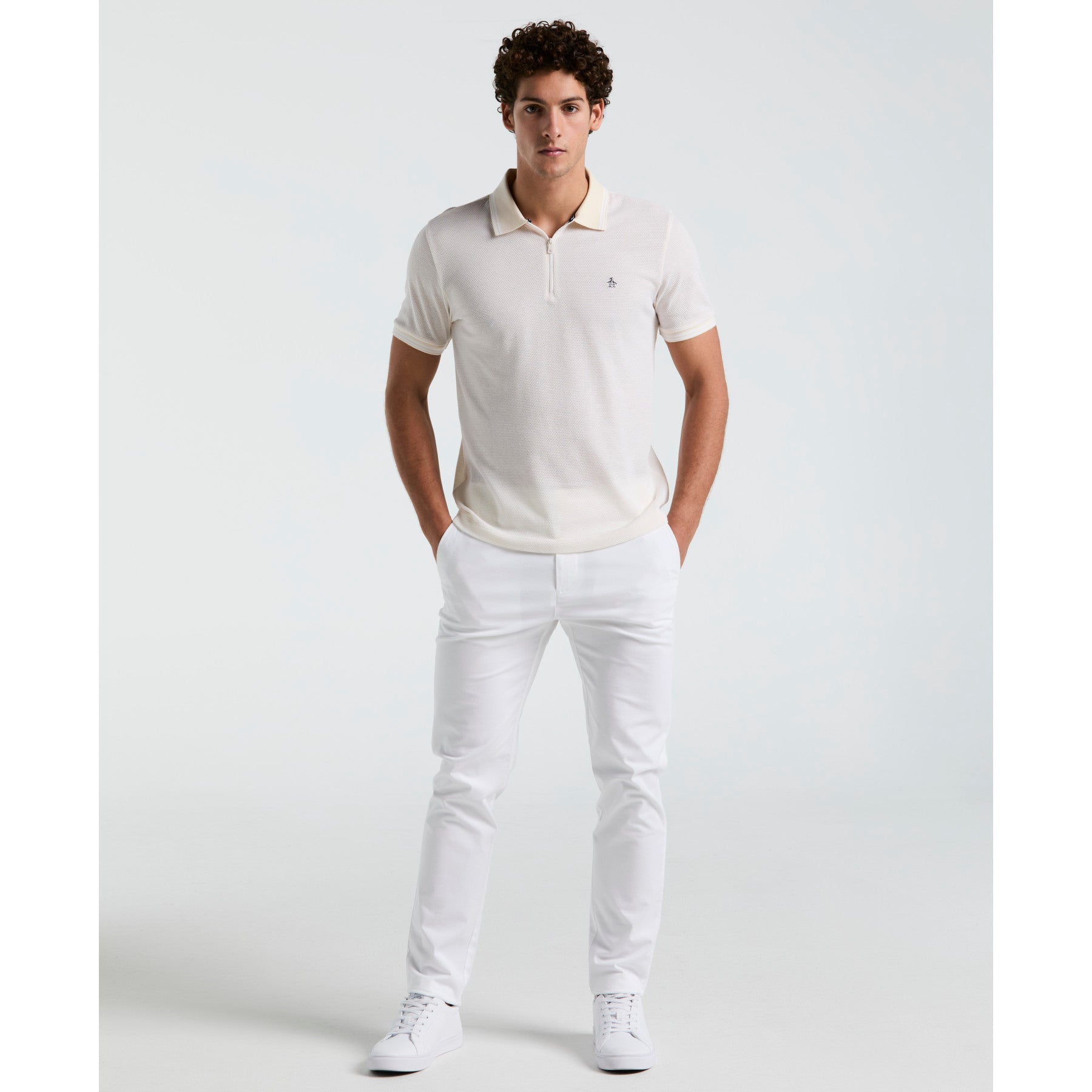 Original Penguin Jacquard Tipped 1/4 Zip Polo Shirt In Birch(Jacquard Tipped 14 Zip Polo Beige Opks2530gp 252)