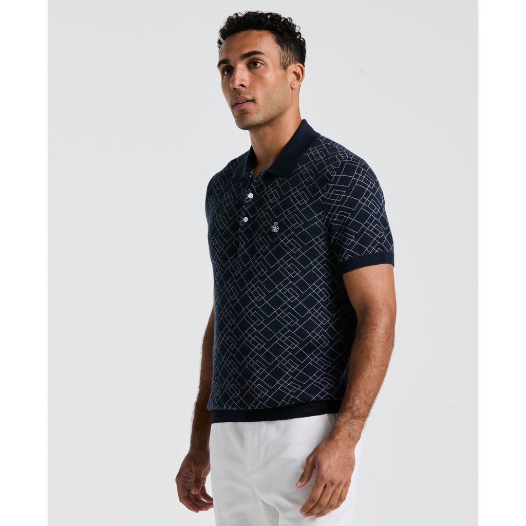 Original Penguin Jaquard Geometric Sweater Polo Shirt In Dark Sapphire(Jaquard Geometric Sweater Polo Shirt Blue Opgm2500gp 413)