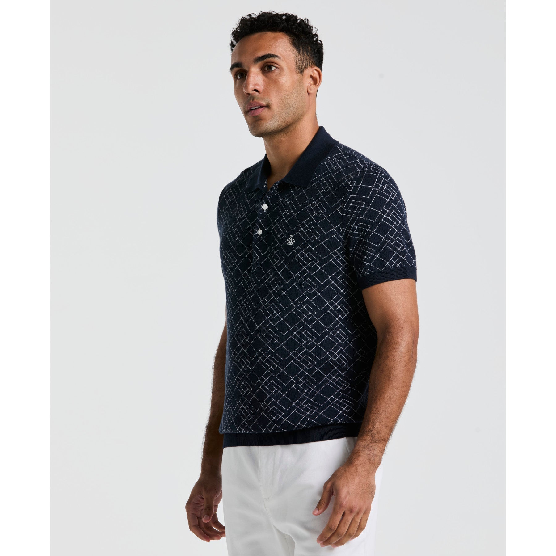 Original Penguin Jaquard Geometric Sweater Polo Shirt In Dark Sapphire(Jaquard Geometric Sweater Polo Shirt Blue Opgm2500gp 413)