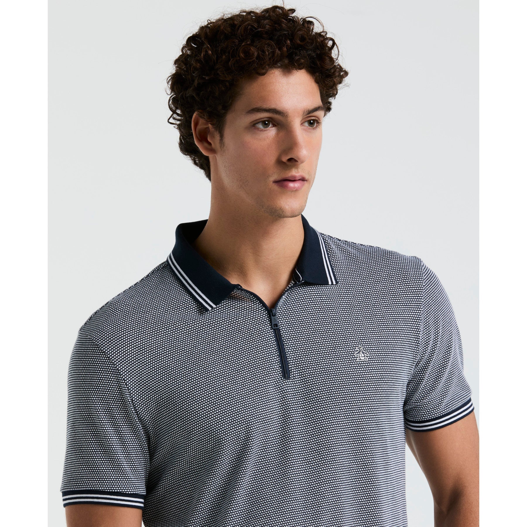Original Penguin Jacquard Tipped 1/4 Zip Polo Shirt In Dark Sapphire(Jacquard Tipped 14 Zip Polo Blue Opks2530gp 413)